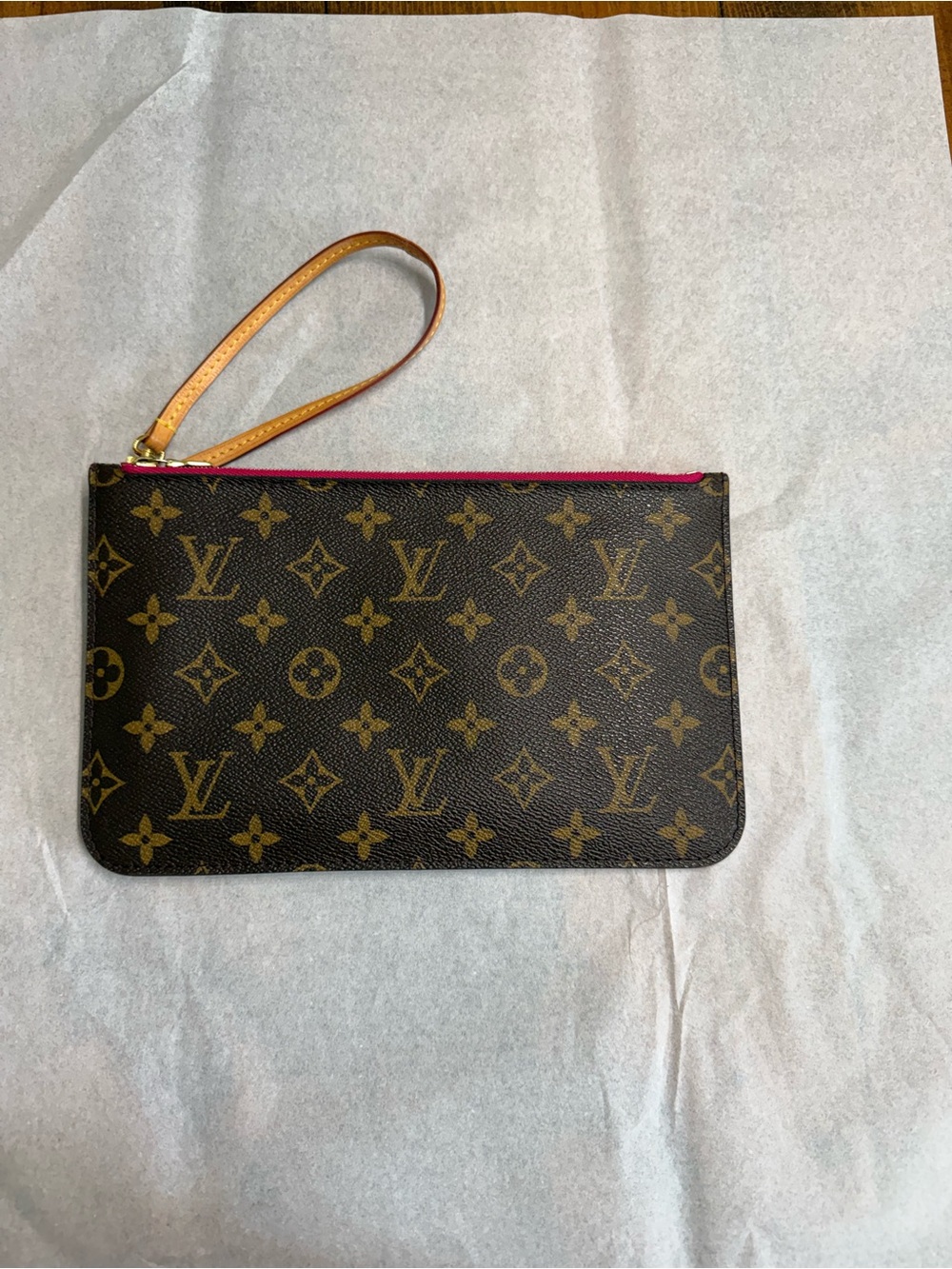 Louis Vuitton Brown Monogram Wristlet with Pink Trim